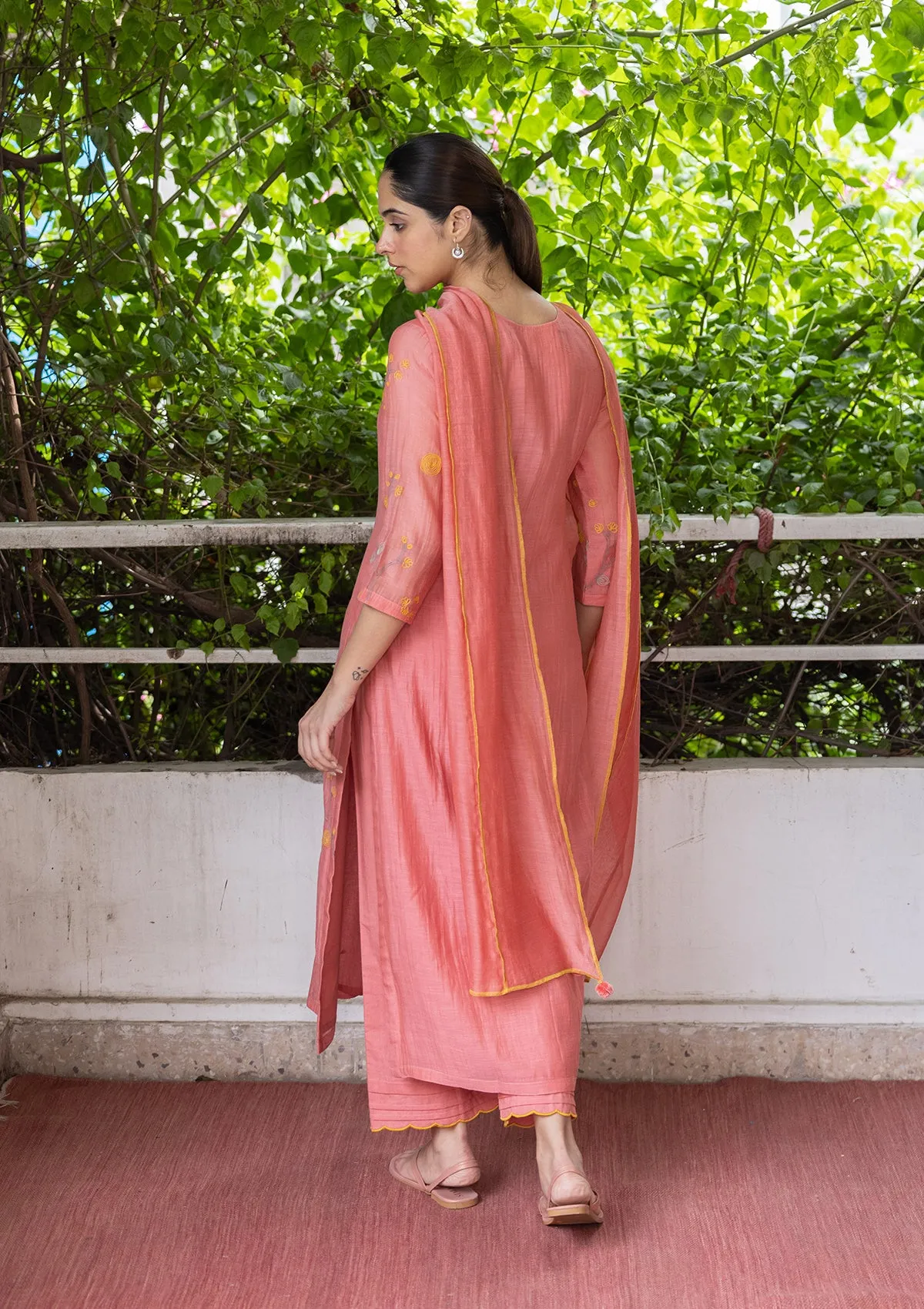 APRICOT THREAD WORK KURTA SET