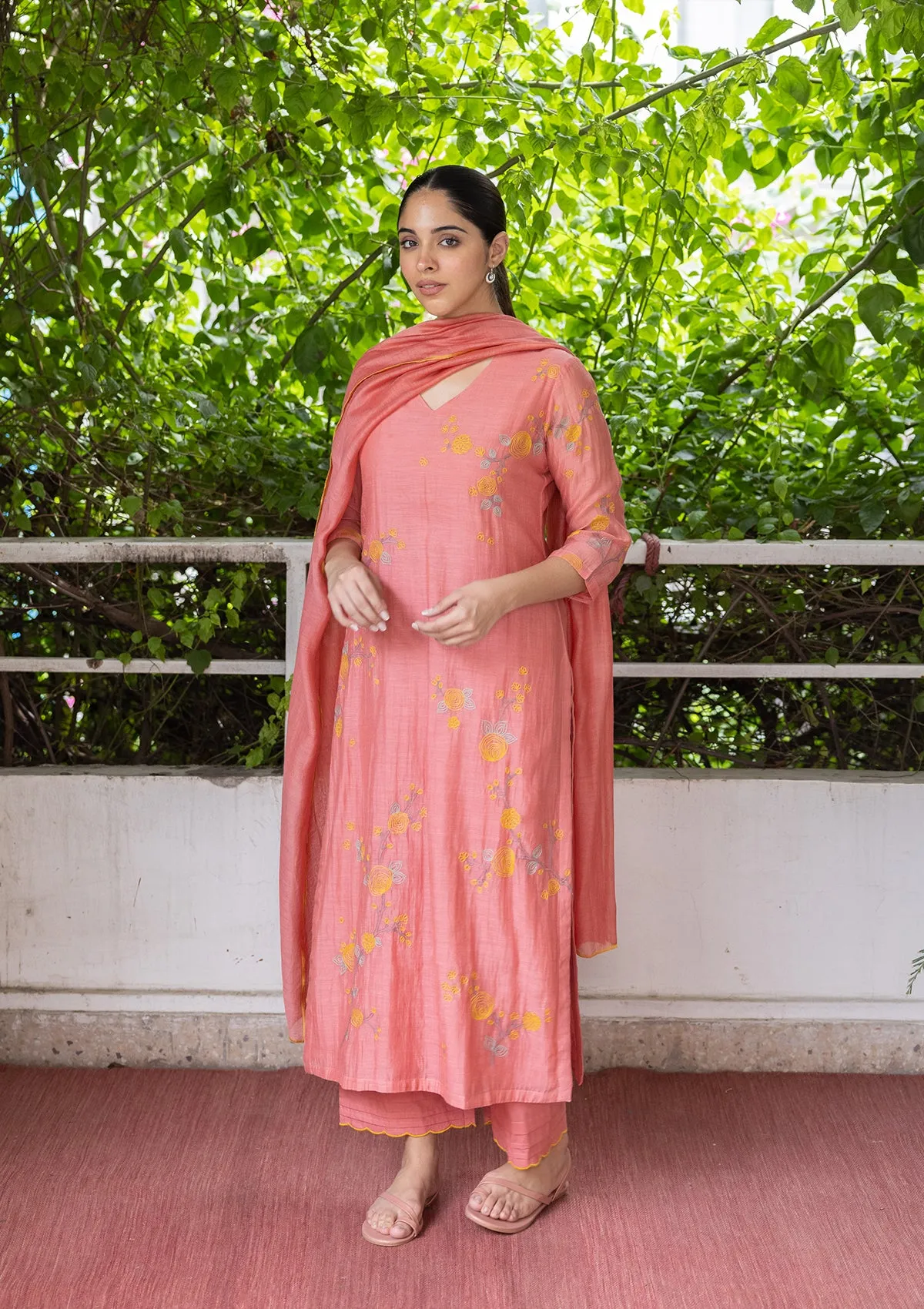 APRICOT THREAD WORK KURTA SET