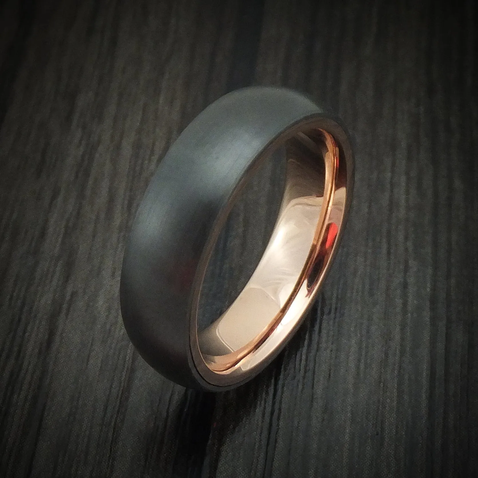 Black Titanium Men's Ring With 14k Rose Gold Sleeve Custom Made Band