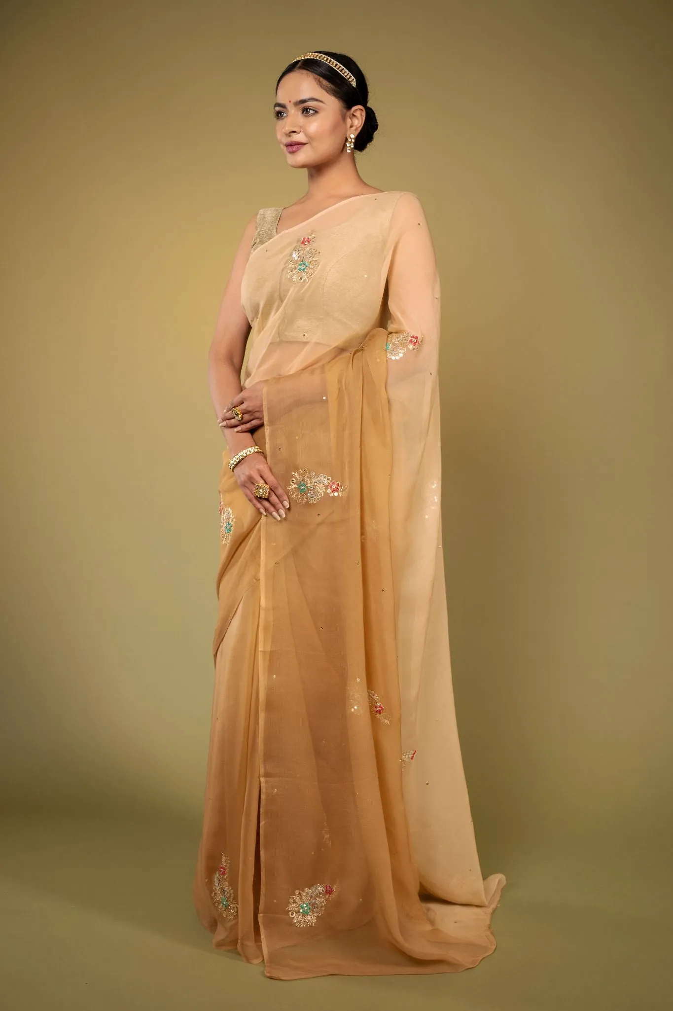 Brown Viscose Chiffon Aari sequins work Saree