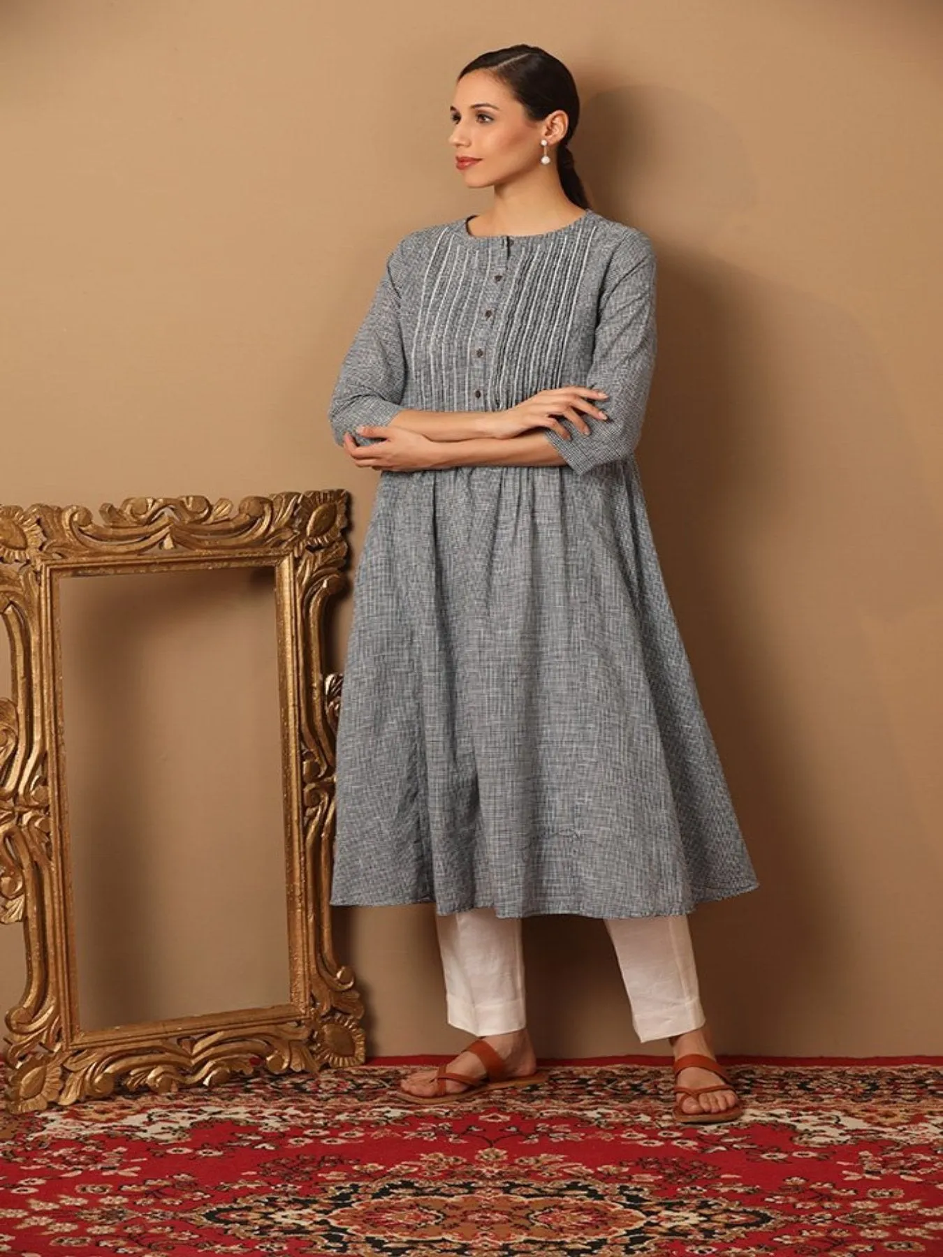 Chequered Pattern A-Line Kurta With Bead Work