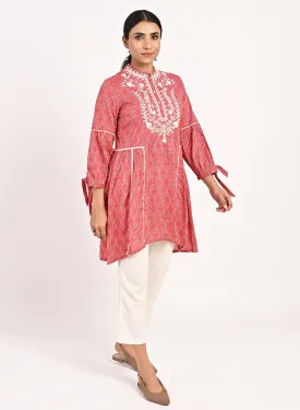 Floral Stripe Red Tunic with Dori Embroidery