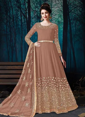 Mirror Work Brown Faux Georgette Anarkali Suit