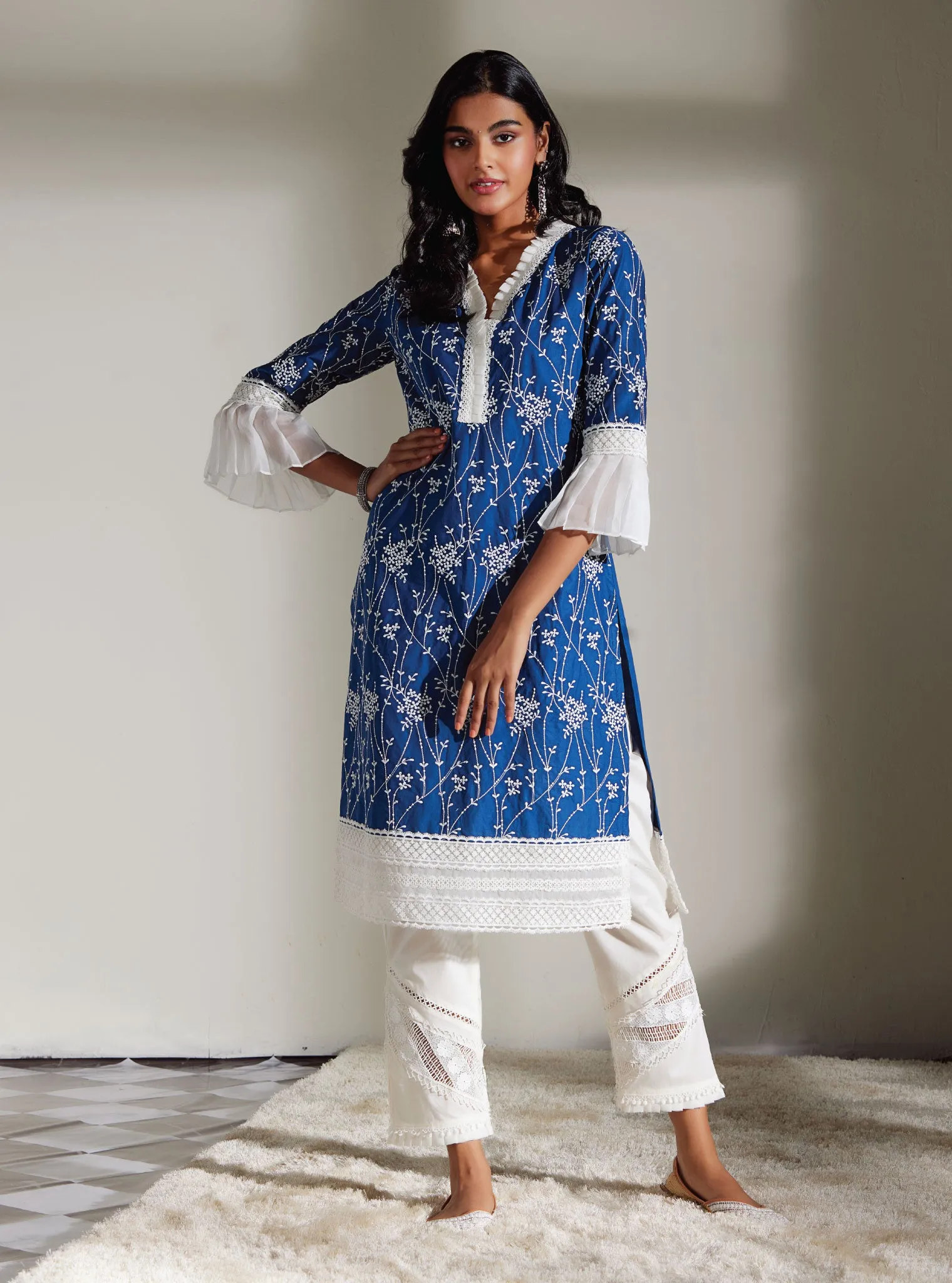 Mulmul Cotton Carmen Navy Kurta With Mulmul Cotton Diagonal Lace White Pant