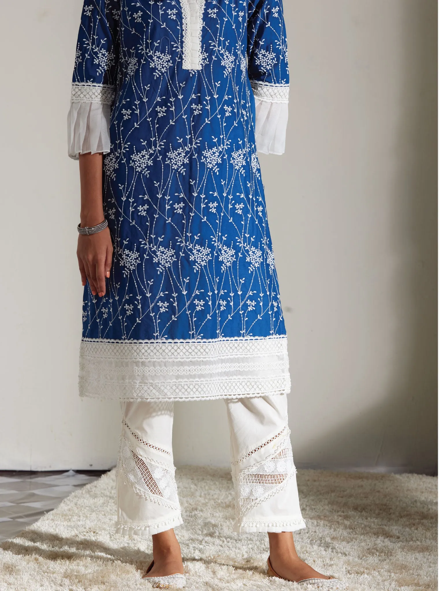 Mulmul Cotton Carmen Navy Kurta With Mulmul Cotton Diagonal Lace White Pant