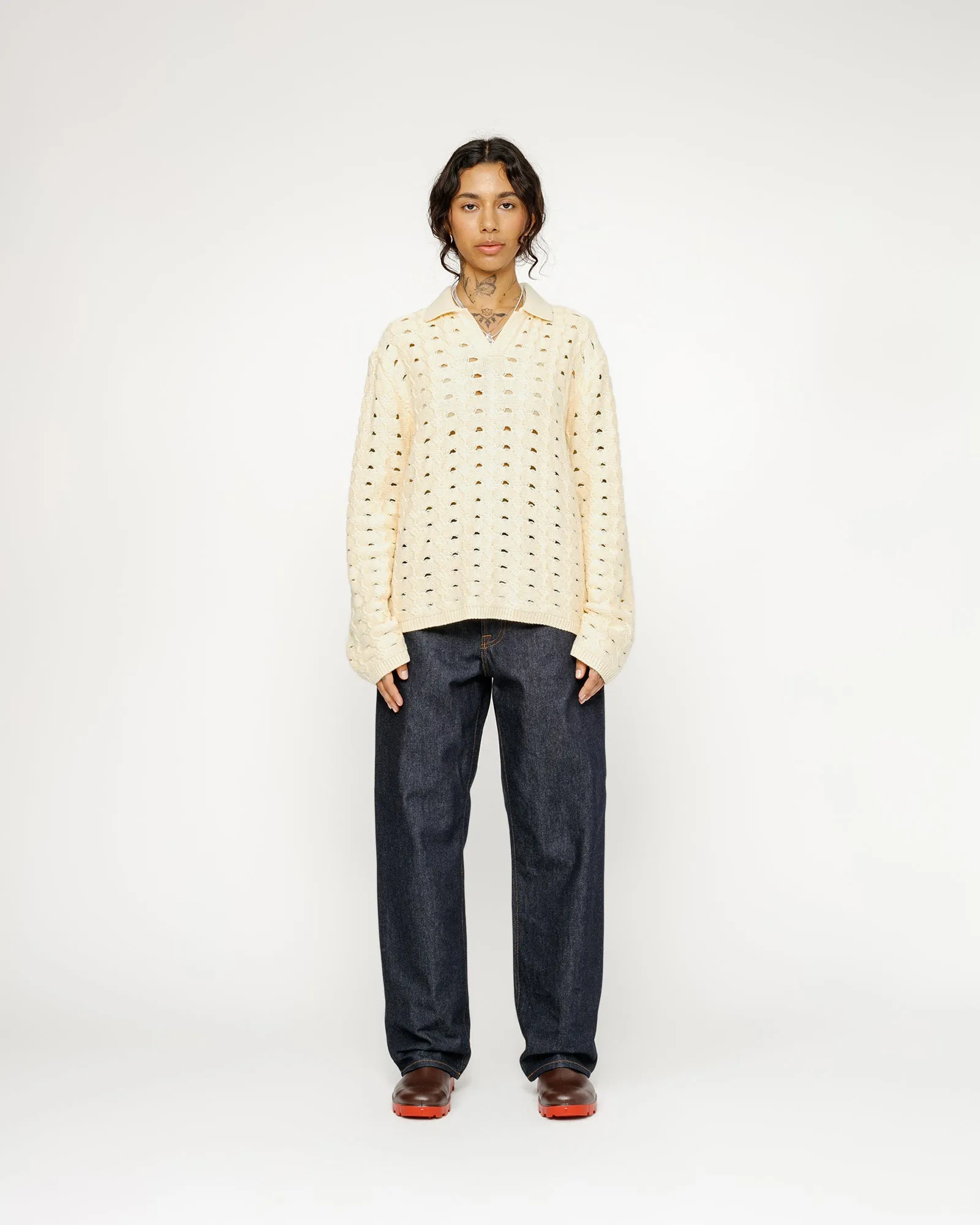 OPEN KNIT COLLARED SWEATER