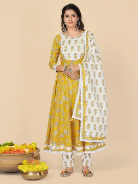 Women'S Yellow Anarkali Kurta & Pant With Dupatta Set- (3Pcs Set)